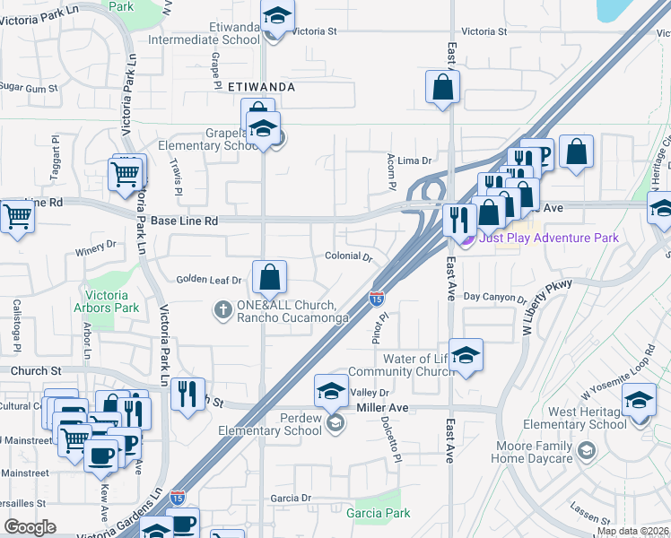 map of restaurants, bars, coffee shops, grocery stores, and more near 13037 Colonial Drive in Rancho Cucamonga