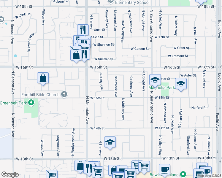 map of restaurants, bars, coffee shops, grocery stores, and more near 1529 Omalley Avenue in Upland