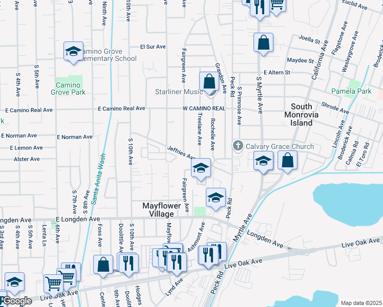 map of restaurants, bars, coffee shops, grocery stores, and more near 324 Jeffries Avenue in Monrovia