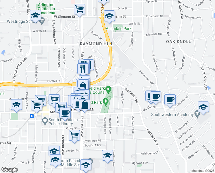 map of restaurants, bars, coffee shops, grocery stores, and more near 1806 Grevelia Street in South Pasadena