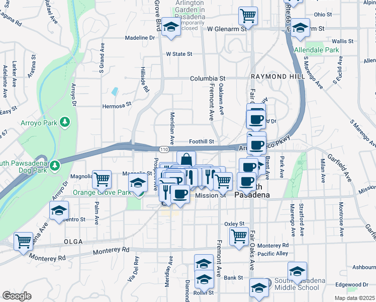 map of restaurants, bars, coffee shops, grocery stores, and more near 1013 Grevelia Street in South Pasadena