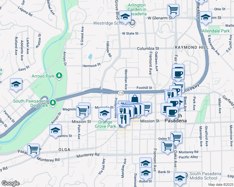 map of restaurants, bars, coffee shops, grocery stores, and more near 604 Prospect Avenue in South Pasadena