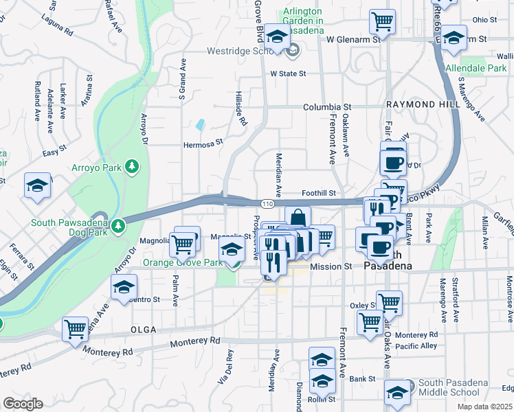 map of restaurants, bars, coffee shops, grocery stores, and more near 604 Prospect Avenue in South Pasadena