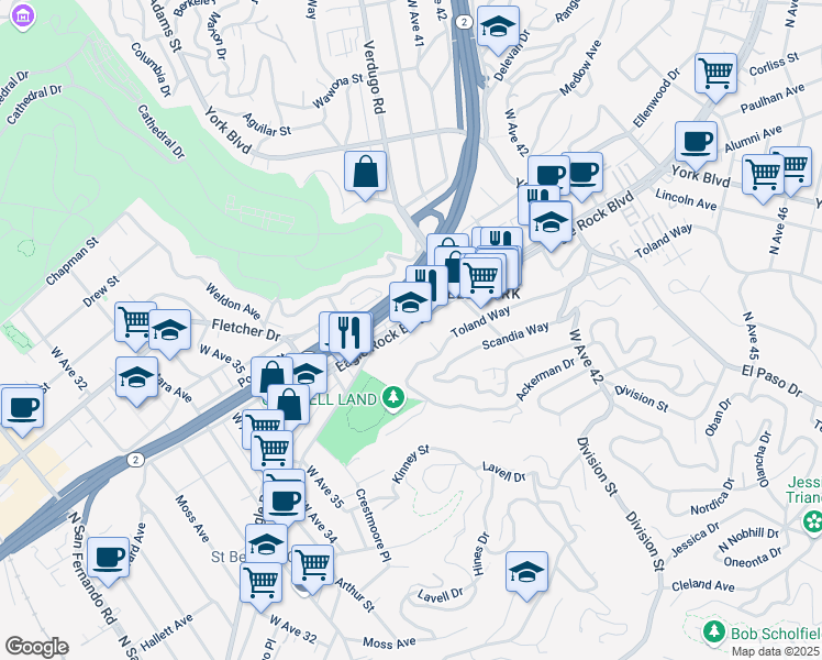 map of restaurants, bars, coffee shops, grocery stores, and more near 3920 North Eagle Rock Boulevard in Los Angeles