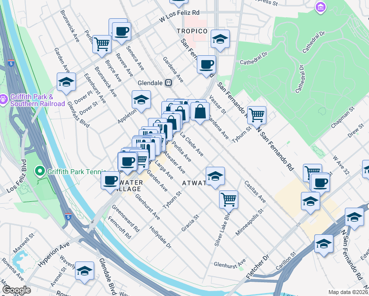 map of restaurants, bars, coffee shops, grocery stores, and more near 3458 La Clede Avenue in Los Angeles