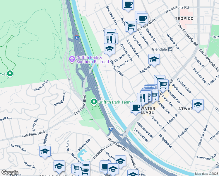 map of restaurants, bars, coffee shops, grocery stores, and more near 3792 Valleybrink Road in Los Angeles
