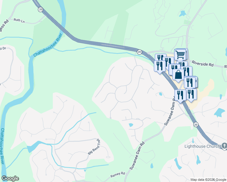 map of restaurants, bars, coffee shops, grocery stores, and more near 6312 Mountain Ridge Circle in Sugar Hill