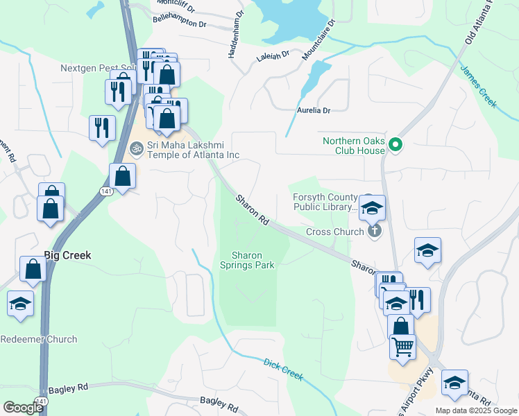 map of restaurants, bars, coffee shops, grocery stores, and more near 1929 Sharon Road in Cumming