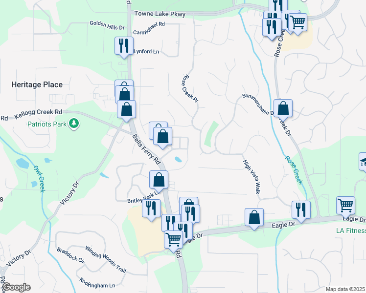 map of restaurants, bars, coffee shops, grocery stores, and more near 400 Mirramont Lane in Woodstock