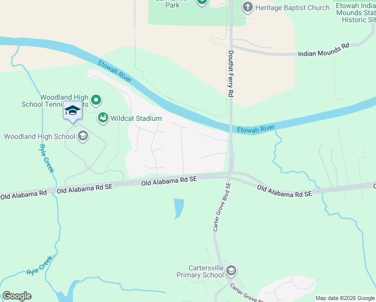 map of restaurants, bars, coffee shops, grocery stores, and more near 20 Park Court Southeast in Cartersville