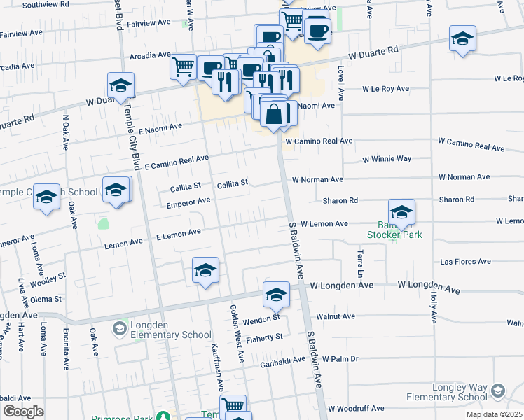 map of restaurants, bars, coffee shops, grocery stores, and more near 733 West Lemon Avenue in Arcadia