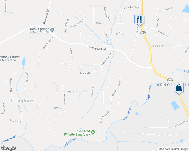 map of restaurants, bars, coffee shops, grocery stores, and more near 302 Brooke Manor Court in Woodstock