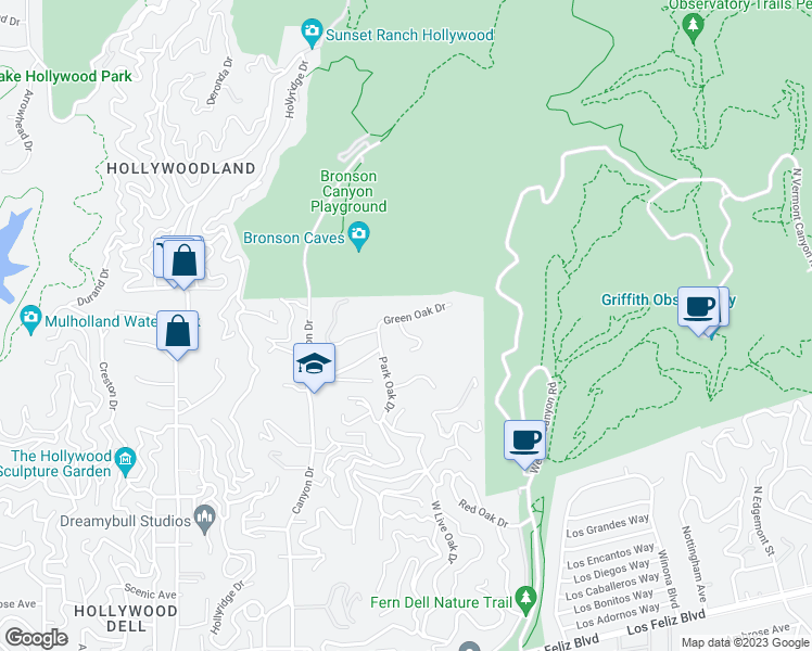 map of restaurants, bars, coffee shops, grocery stores, and more near 2648 Green Oak Place in Los Angeles