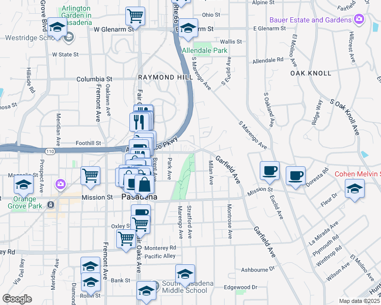 map of restaurants, bars, coffee shops, grocery stores, and more near 1796 Grevelia Street in South Pasadena
