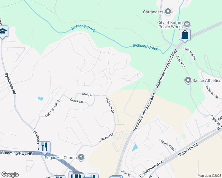 map of restaurants, bars, coffee shops, grocery stores, and more near 1504 Marakanda Trail in Buford