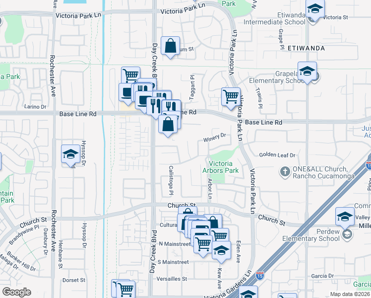 map of restaurants, bars, coffee shops, grocery stores, and more near 7412 Estancia Court in Rancho Cucamonga