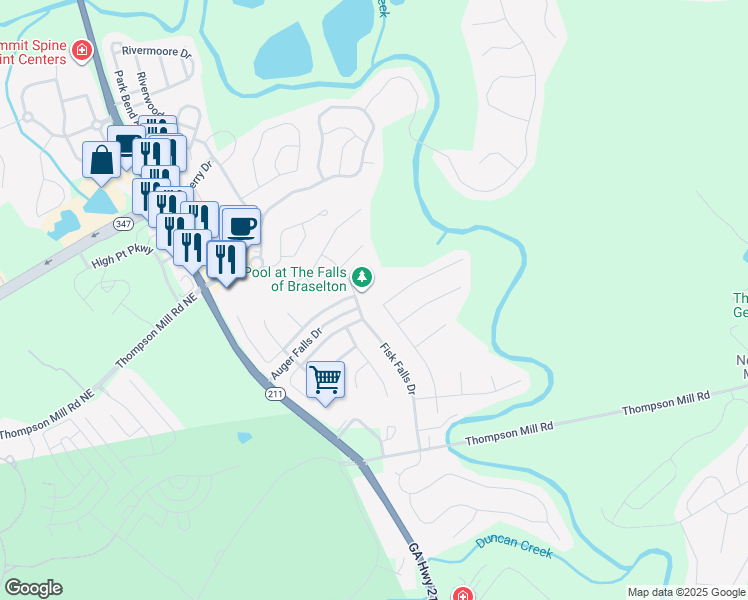 map of restaurants, bars, coffee shops, grocery stores, and more near 2540 Olney Falls Drive in Braselton