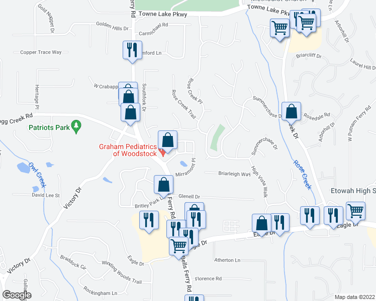 map of restaurants, bars, coffee shops, grocery stores, and more near 400 Mirramont Lane in Woodstock