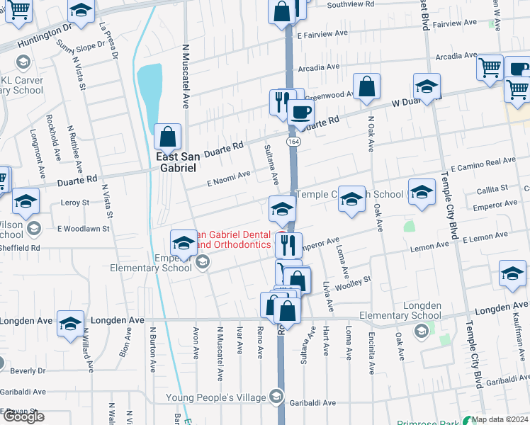 map of restaurants, bars, coffee shops, grocery stores, and more near 8910 Ardendale Avenue in San Gabriel