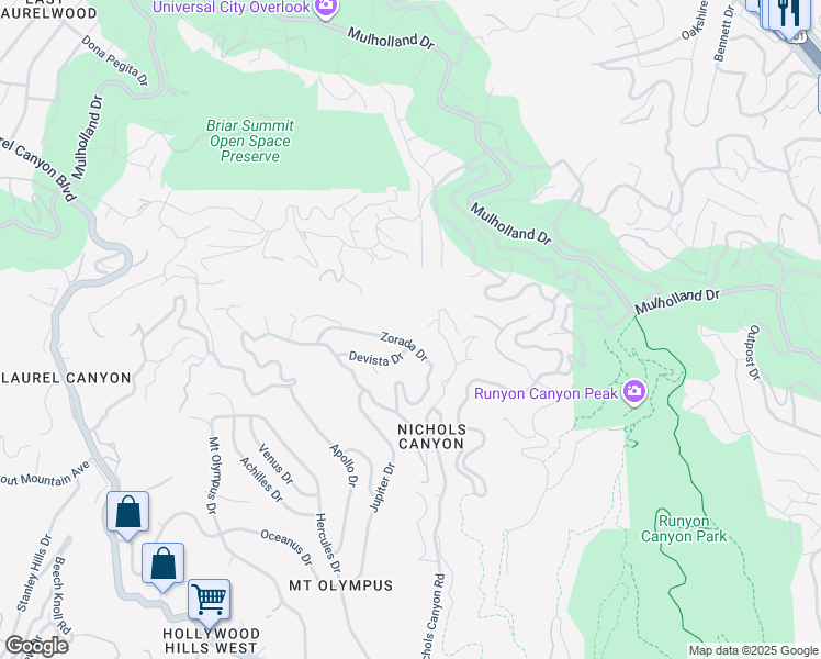 map of restaurants, bars, coffee shops, grocery stores, and more near 2608 Zorada Drive in Los Angeles