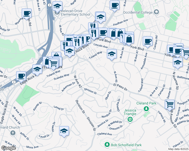 map of restaurants, bars, coffee shops, grocery stores, and more near 4308 Scandia Way in Los Angeles