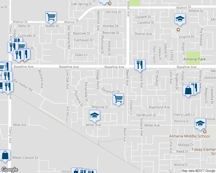 map of restaurants, bars, coffee shops, grocery stores, and more near 15165 Carnation St in Fontana