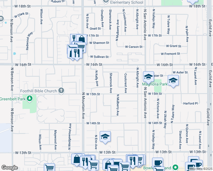 map of restaurants, bars, coffee shops, grocery stores, and more near 1529 Omalley Avenue in Upland