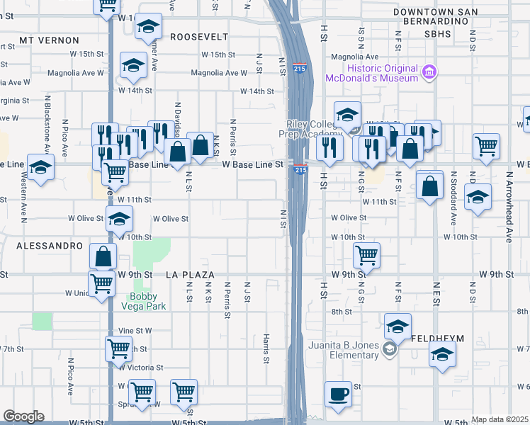 map of restaurants, bars, coffee shops, grocery stores, and more near 952 West Olive Street in San Bernardino