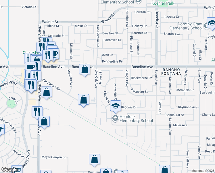 map of restaurants, bars, coffee shops, grocery stores, and more near 7411 Plumaria Drive in Fontana