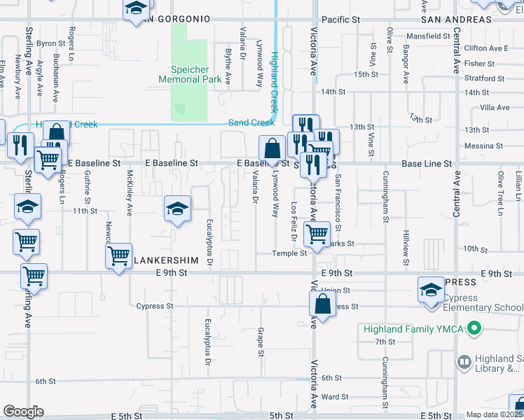 map of restaurants, bars, coffee shops, grocery stores, and more near 7429 Valaria Dr in Highland