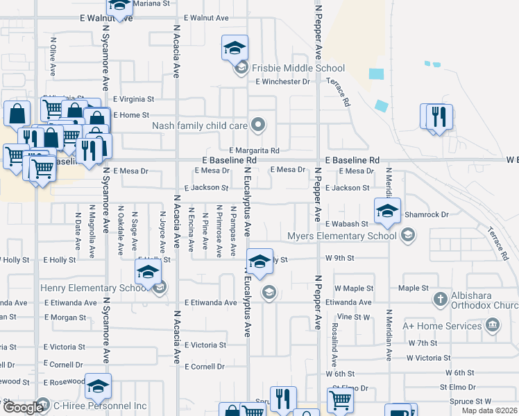 map of restaurants, bars, coffee shops, grocery stores, and more near 723 East Shamrock Street in Rialto
