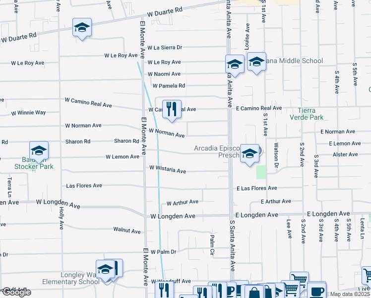 map of restaurants, bars, coffee shops, grocery stores, and more near 105 West Lemon Avenue in Arcadia