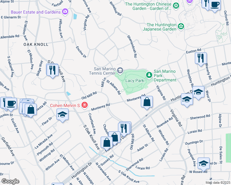 map of restaurants, bars, coffee shops, grocery stores, and more near 1255 Saint Albans Road in San Marino