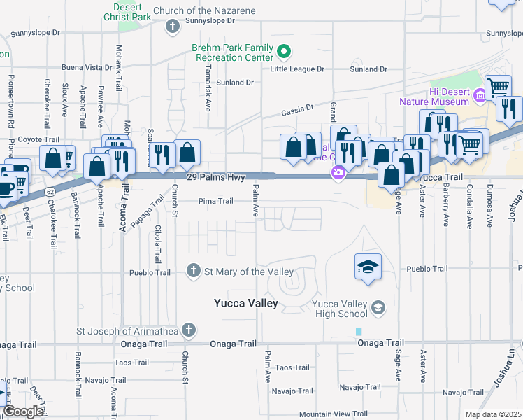 map of restaurants, bars, coffee shops, grocery stores, and more near 7361 Via Real Lane in Yucca Valley