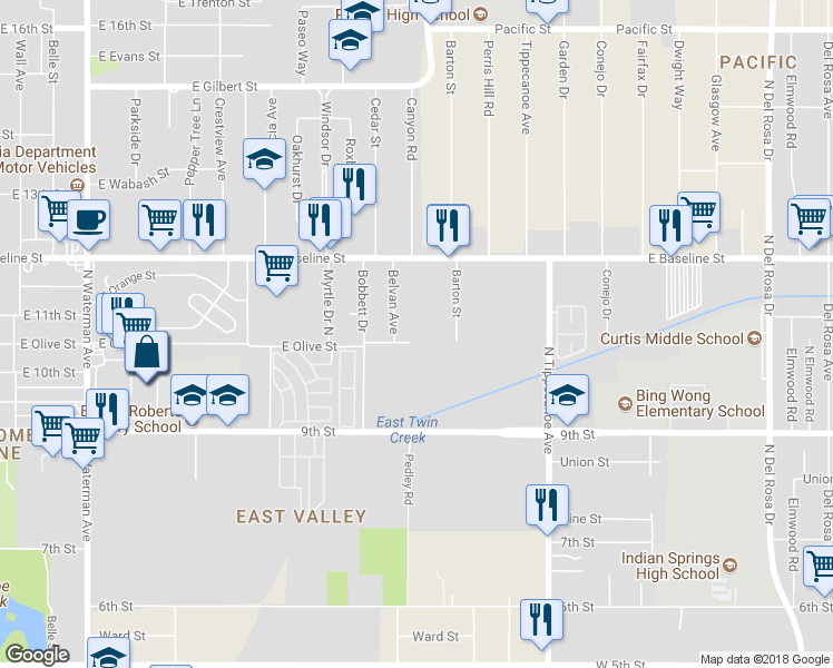 map of restaurants, bars, coffee shops, grocery stores, and more near 24666 East Olive Street in San Bernardino