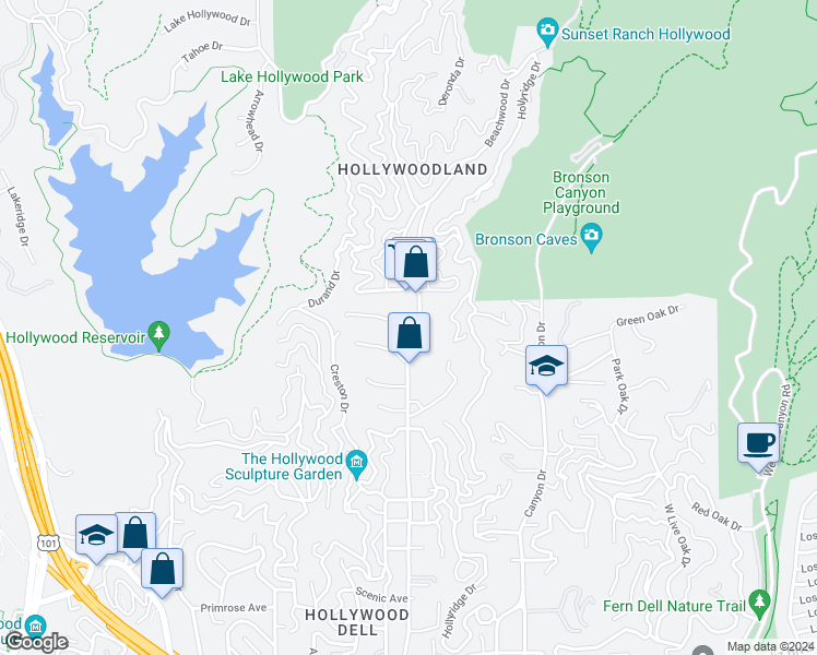 map of restaurants, bars, coffee shops, grocery stores, and more near 2649 North Beachwood Drive in Los Angeles