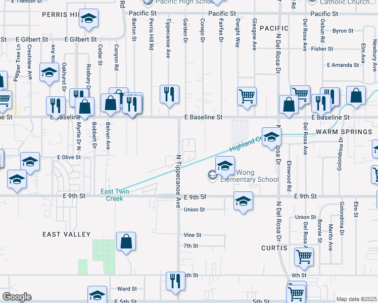 map of restaurants, bars, coffee shops, grocery stores, and more near 1025 North Tippecanoe Avenue in San Bernardino