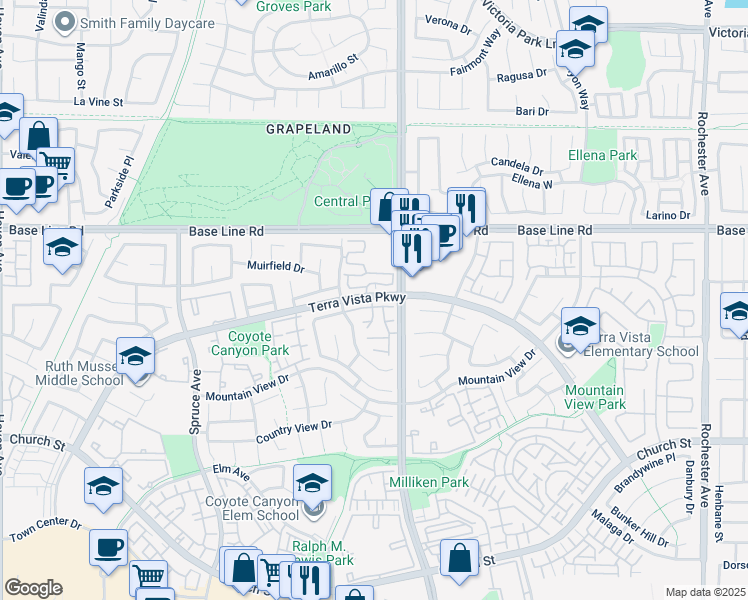 map of restaurants, bars, coffee shops, grocery stores, and more near 11289 Terra Vista Parkway in Rancho Cucamonga