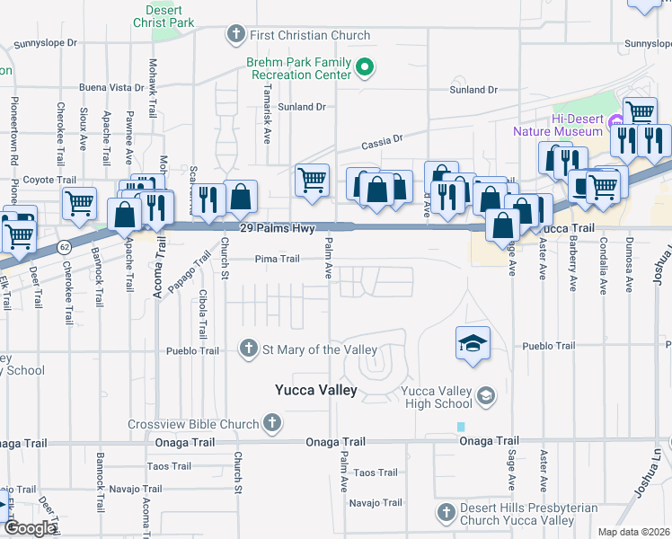 map of restaurants, bars, coffee shops, grocery stores, and more near 7361 Via Real Lane in Yucca Valley