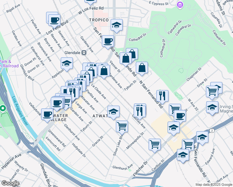 map of restaurants, bars, coffee shops, grocery stores, and more near 1945 Gardena Avenue in Glendale