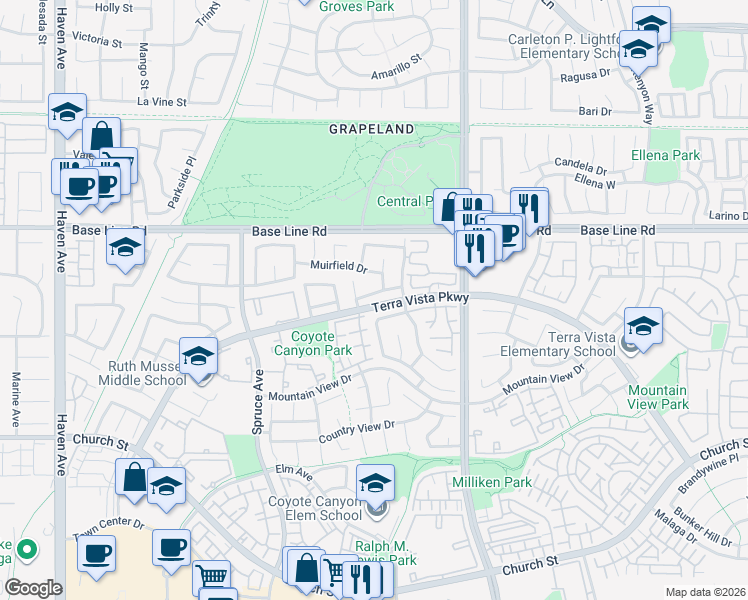 map of restaurants, bars, coffee shops, grocery stores, and more near 11123 Woodview Drive in Rancho Cucamonga