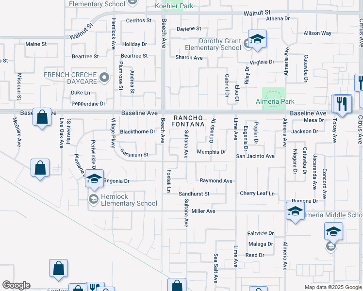 map of restaurants, bars, coffee shops, grocery stores, and more near 15378 Twinberry Court in Fontana