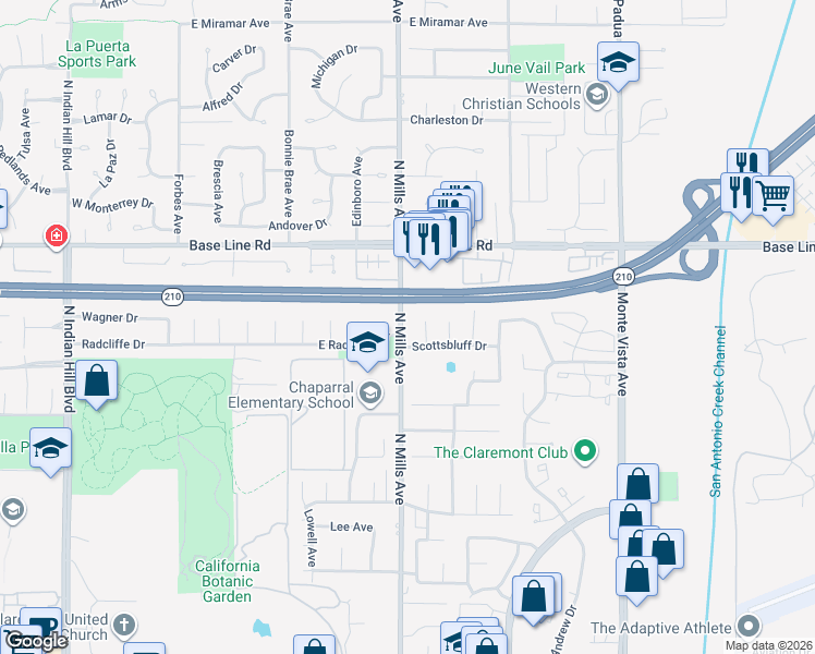 map of restaurants, bars, coffee shops, grocery stores, and more near 1947 Frostburg Circle in Claremont