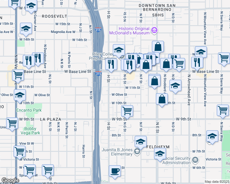 map of restaurants, bars, coffee shops, grocery stores, and more near 764 West Olive Street in San Bernardino