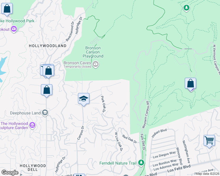 map of restaurants, bars, coffee shops, grocery stores, and more near 2648 Green Oak Place in Los Angeles