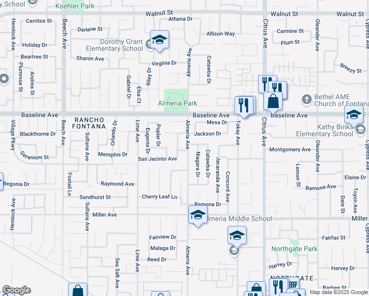 map of restaurants, bars, coffee shops, grocery stores, and more near 7442 Almeria Avenue in Fontana