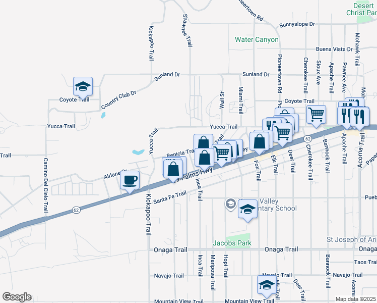 map of restaurants, bars, coffee shops, grocery stores, and more near Benicia Trail in Yucca Valley