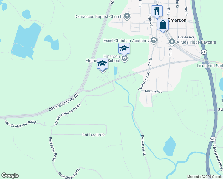 map of restaurants, bars, coffee shops, grocery stores, and more near 16 Old Old Alabama Road Southeast in Emerson