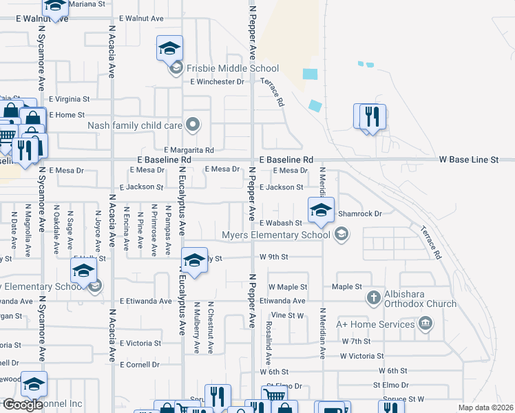 map of restaurants, bars, coffee shops, grocery stores, and more near 1068 Rosalind Avenue in Rialto