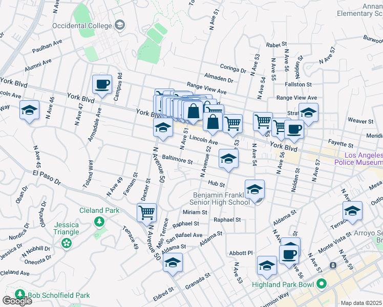 map of restaurants, bars, coffee shops, grocery stores, and more near 5120 Buchanan Street in Los Angeles